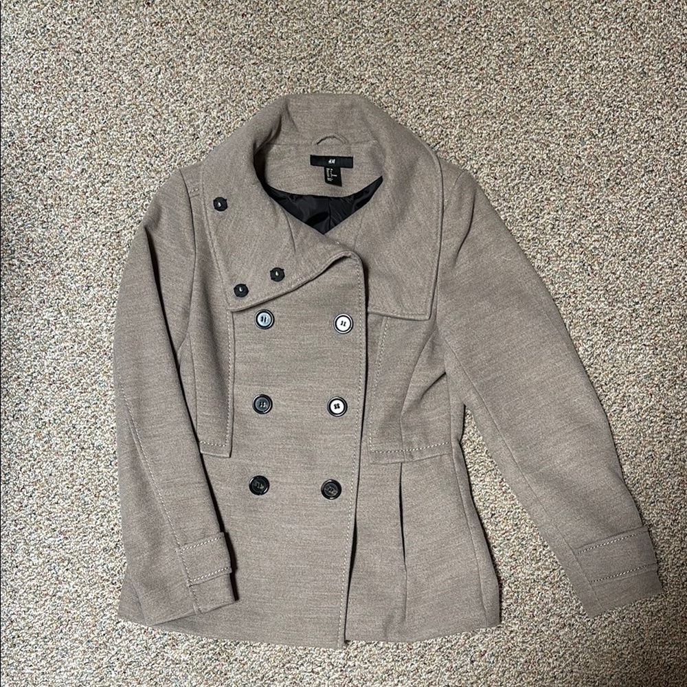 H&M Gray/Tan Peacoat with Wide Collar and Structured Silhouette